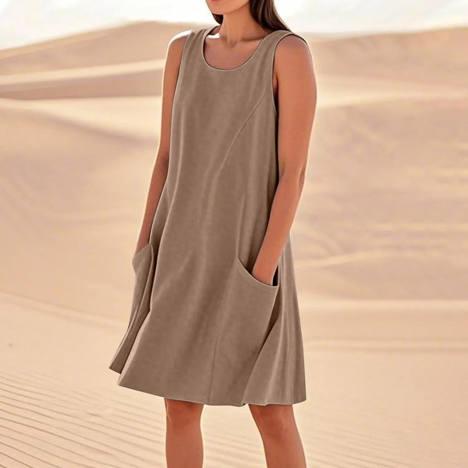 HTHLVMD Women's Summer Cotton Linen Midi Dress Sleeveless Elegant Flowy Dresses Plus Size Loose Comfy Dress with Pockets