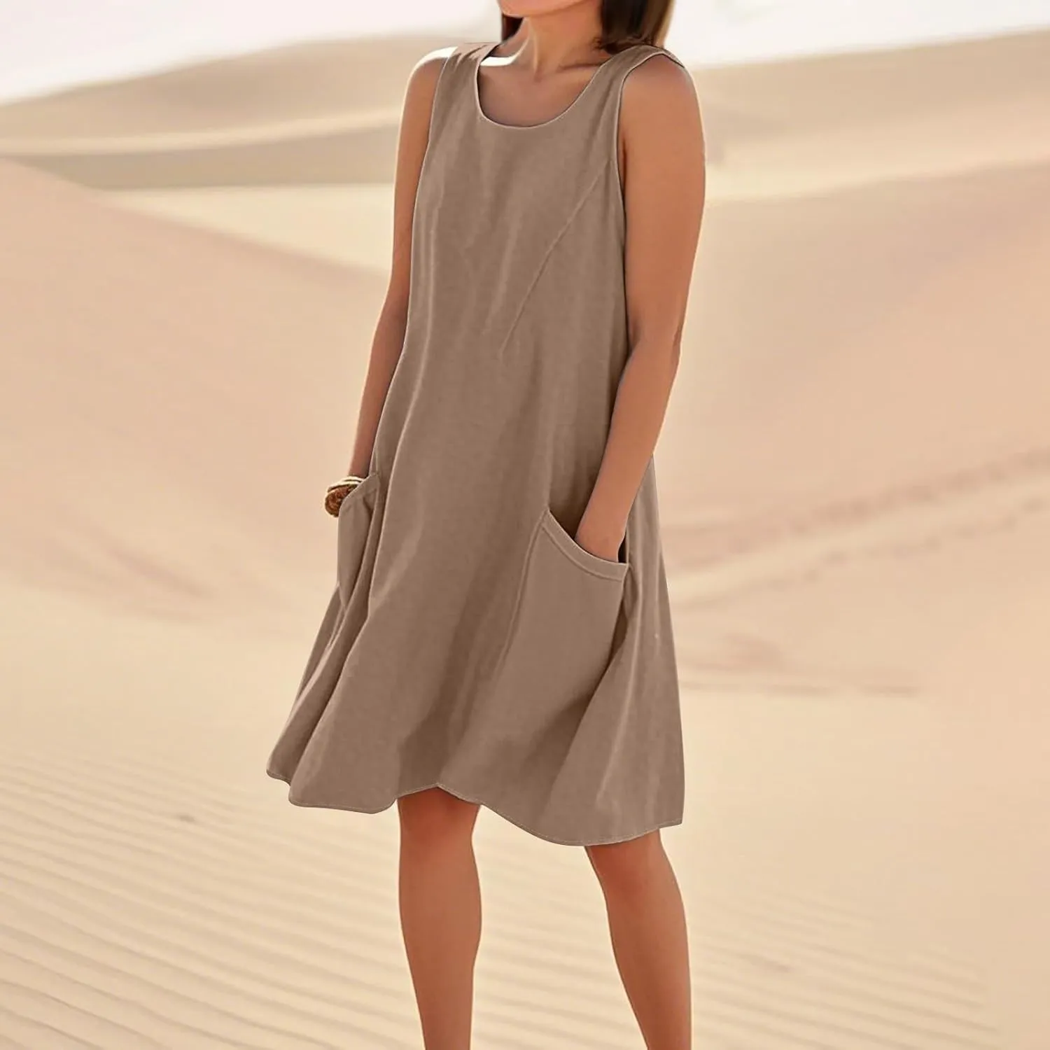 HTHLVMD Women's Summer Cotton Linen Midi Dress Sleeveless Elegant Flowy Dresses Plus Size Loose Comfy Dress with Pockets