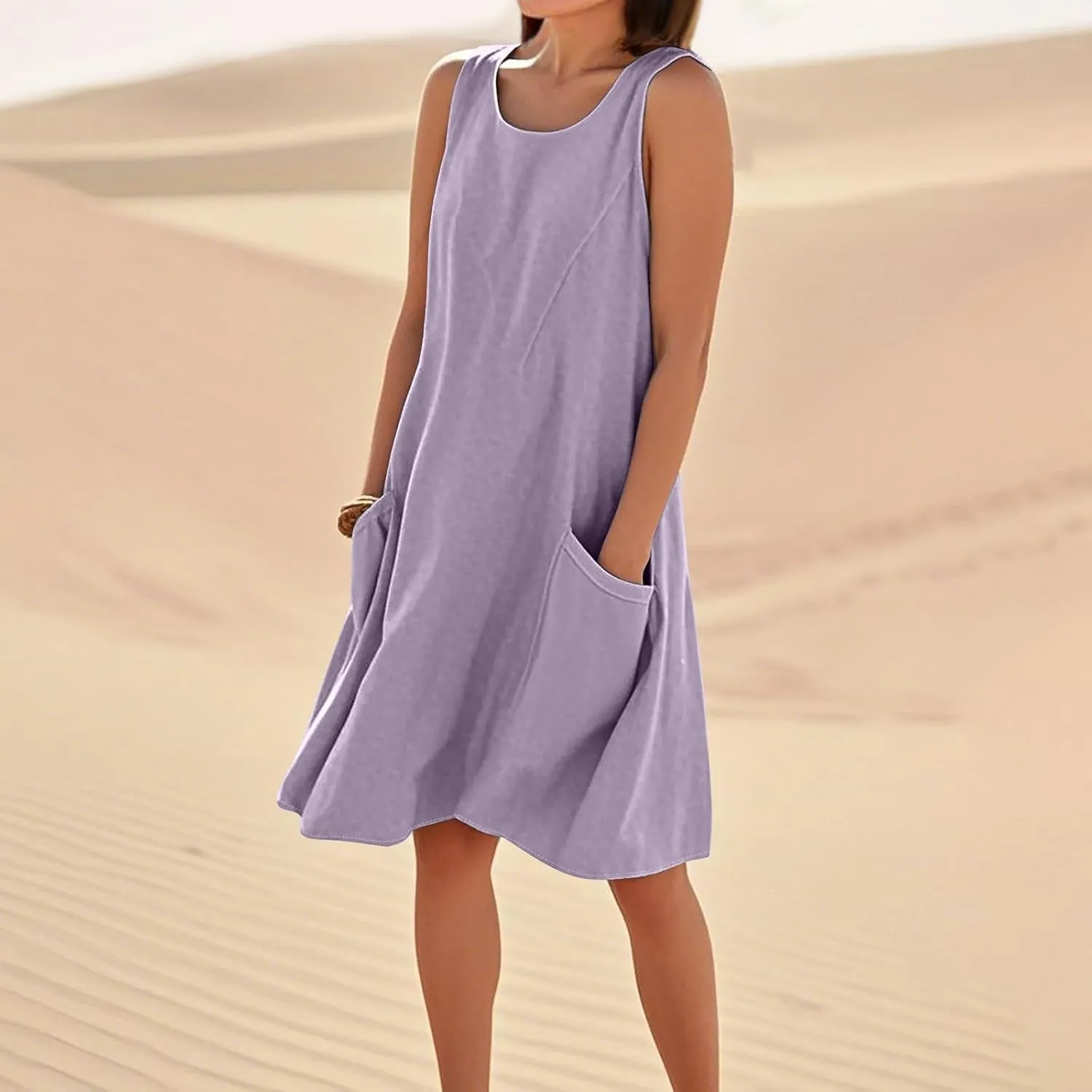 HTHLVMD Women's Summer Cotton Linen Midi Dress Sleeveless Elegant Flowy Dresses Plus Size Loose Comfy Dress with Pockets