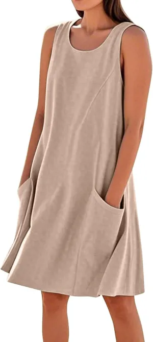 HTHLVMD Women's Summer Cotton Linen Midi Dress Sleeveless Elegant Flowy Dresses Plus Size Loose Comfy Dress with Pockets
