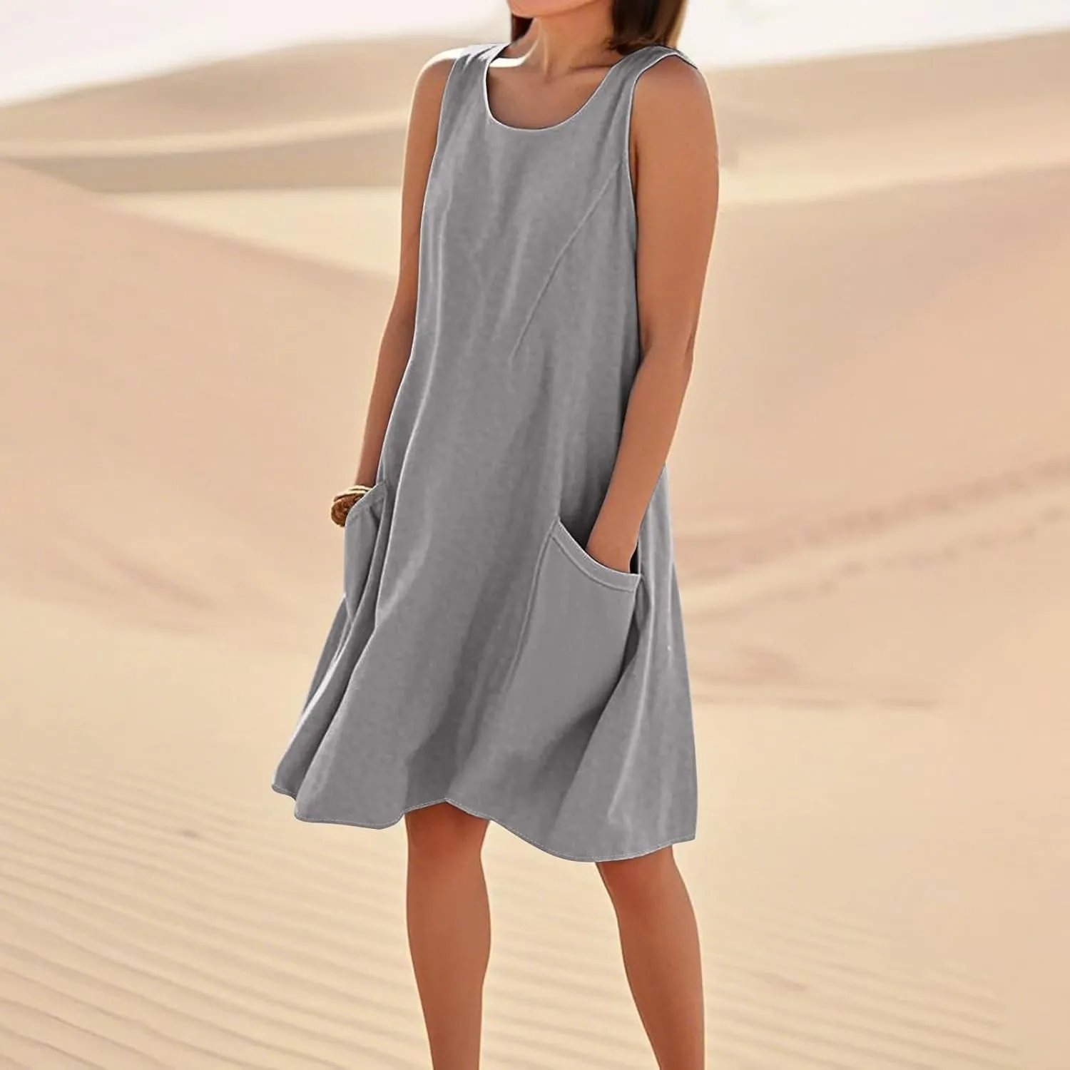 HTHLVMD Women's Summer Cotton Linen Midi Dress Sleeveless Elegant Flowy Dresses Plus Size Loose Comfy Dress with Pockets