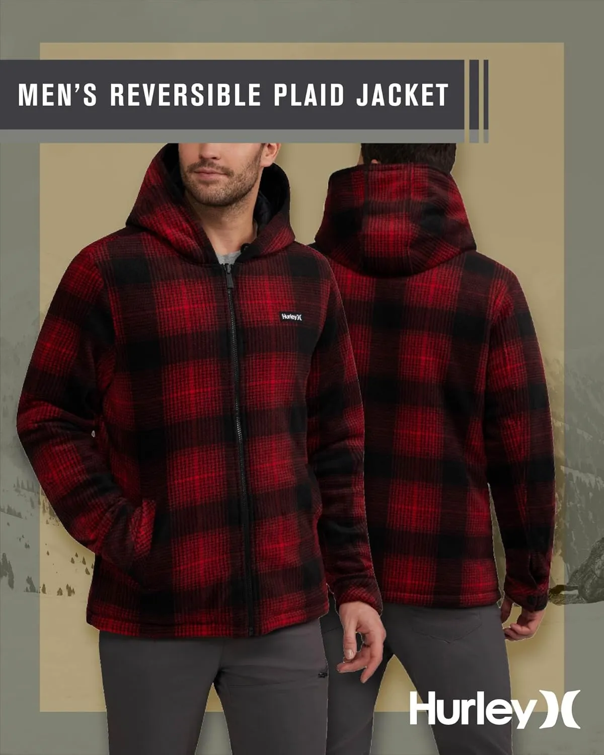Hurley Men's Reversible Puffer Jacket - Quilted Nylon to Plaid Fleece Puffer Jacket - Insulated Winter Jackets for Men (S-XL)