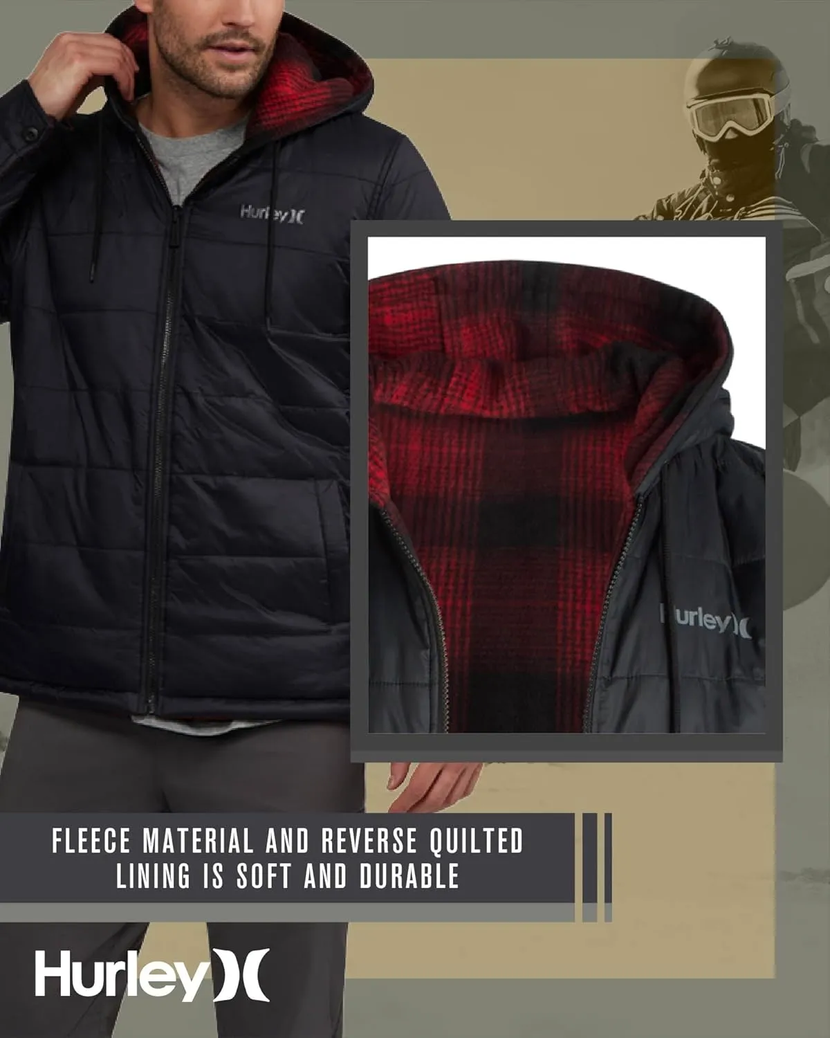 Hurley Men's Reversible Puffer Jacket - Quilted Nylon to Plaid Fleece Puffer Jacket - Insulated Winter Jackets for Men (S-XL)