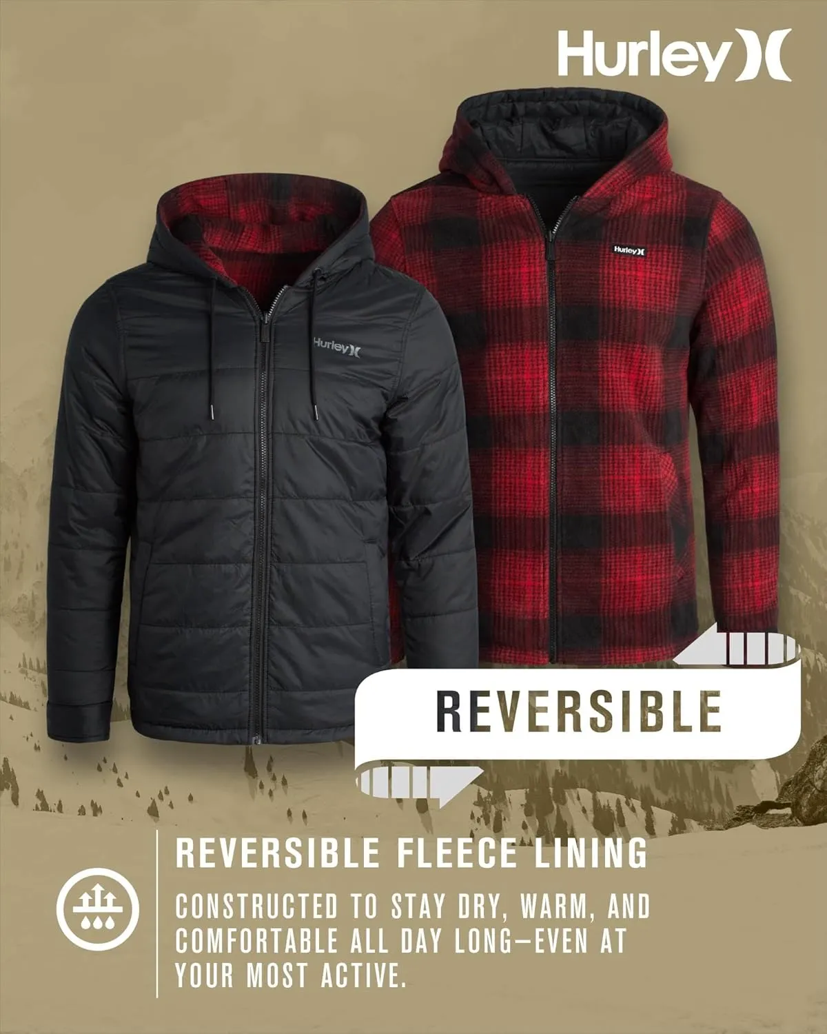 Hurley Men's Reversible Puffer Jacket - Quilted Nylon to Plaid Fleece Puffer Jacket - Insulated Winter Jackets for Men (S-XL)