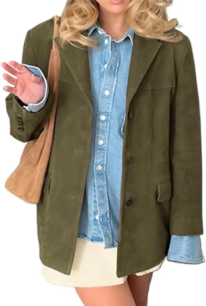 IDEALSANXUN Womens Suede Jacket Fall Winter Fashion Casual Oversized Faux Leather Blazer Jacket Trench Coat