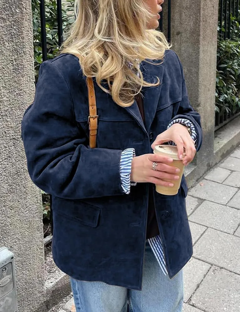 IDEALSANXUN Womens Suede Jacket Fall Winter Fashion Casual Oversized Faux Leather Blazer Jacket Trench Coat