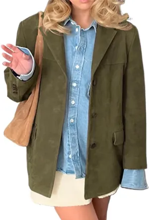 IDEALSANXUN Womens Suede Jacket Fall Winter Fashion Casual Oversized Faux Leather Blazer Jacket Trench Coat