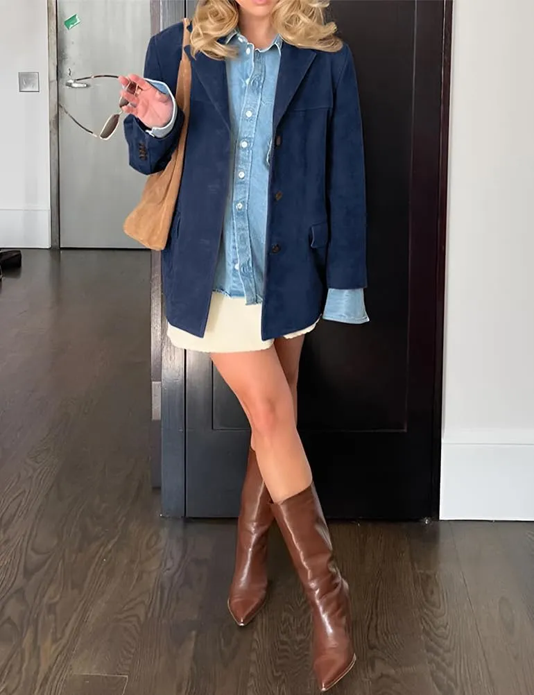 IDEALSANXUN Womens Suede Jacket Fall Winter Fashion Casual Oversized Faux Leather Blazer Jacket Trench Coat