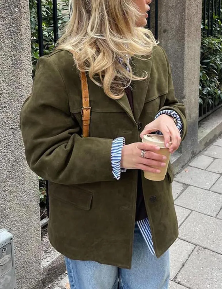 IDEALSANXUN Womens Suede Jacket Fall Winter Fashion Casual Oversized Faux Leather Blazer Jacket Trench Coat