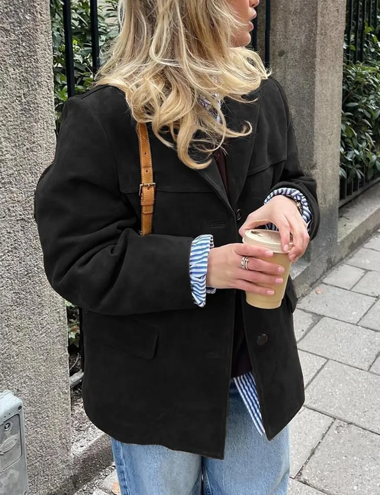 IDEALSANXUN Womens Suede Jacket Fall Winter Fashion Casual Oversized Faux Leather Blazer Jacket Trench Coat