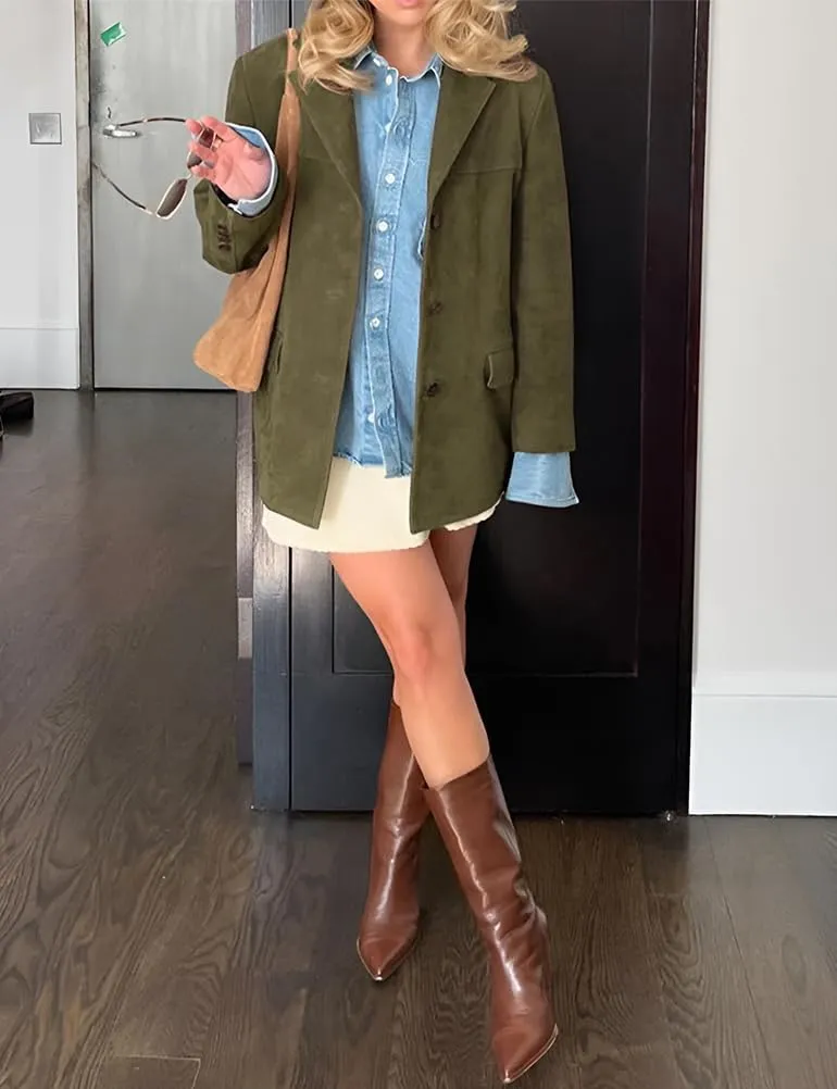 IDEALSANXUN Womens Suede Jacket Fall Winter Fashion Casual Oversized Faux Leather Blazer Jacket Trench Coat