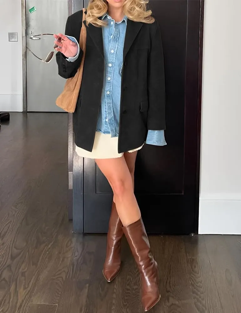 IDEALSANXUN Womens Suede Jacket Fall Winter Fashion Casual Oversized Faux Leather Blazer Jacket Trench Coat