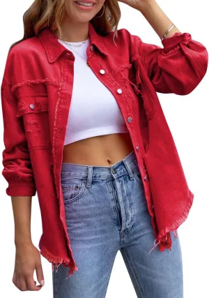 IDOPIP Denim Jacket for Women Distressed Ripped Jean Jackets Long Sleeve Casual Button Down Frayed Trucker Shacket Shirts