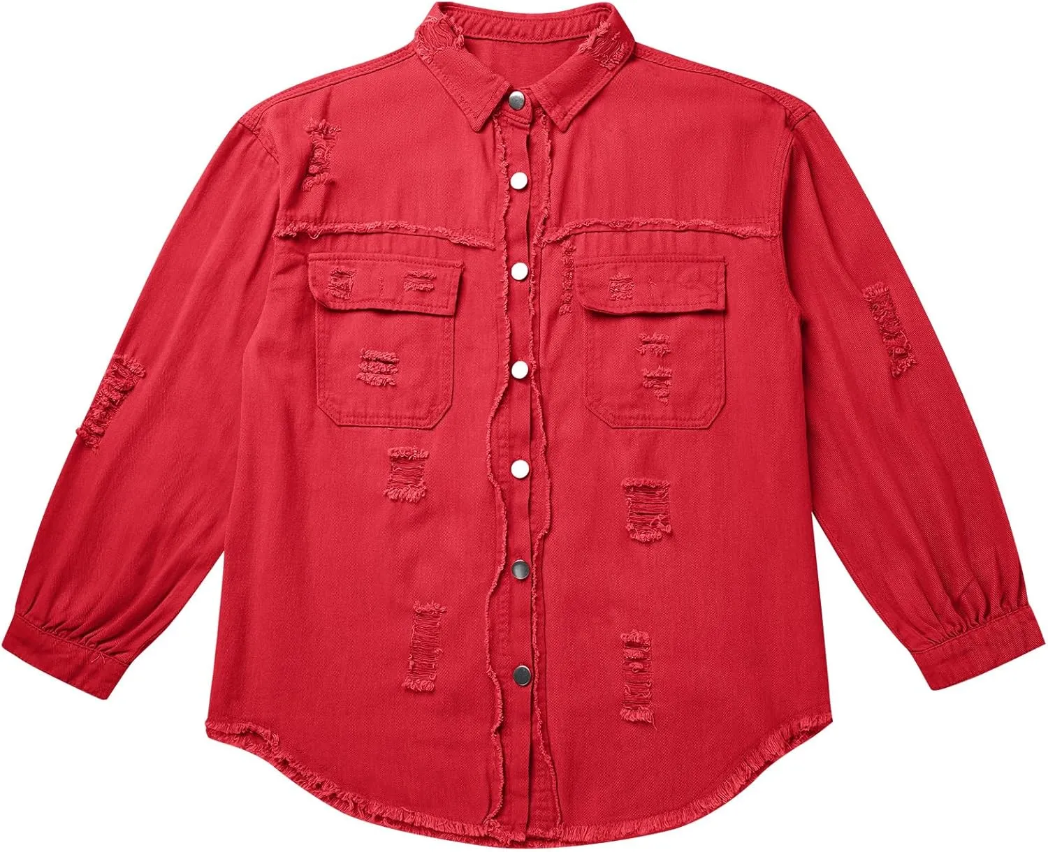 IDOPIP Denim Jacket for Women Distressed Ripped Jean Jackets Long Sleeve Casual Button Down Frayed Trucker Shacket Shirts