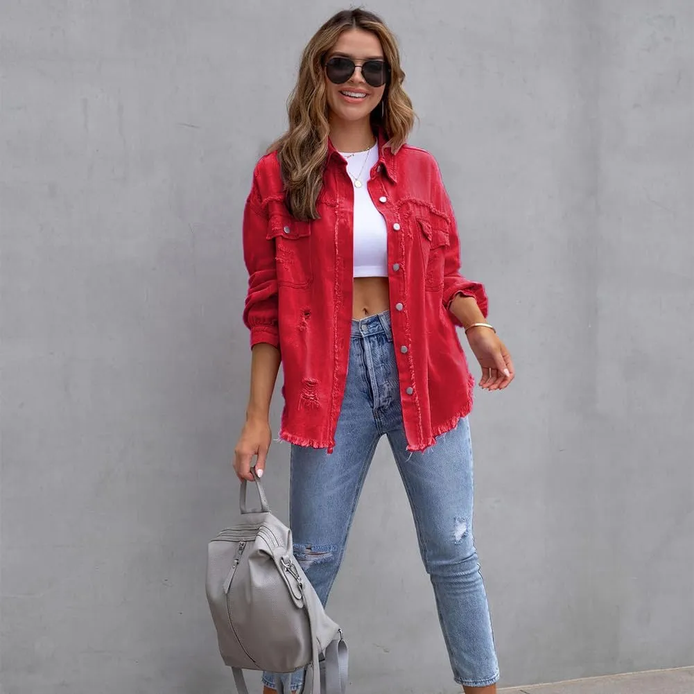 IDOPIP Denim Jacket for Women Distressed Ripped Jean Jackets Long Sleeve Casual Button Down Frayed Trucker Shacket Shirts