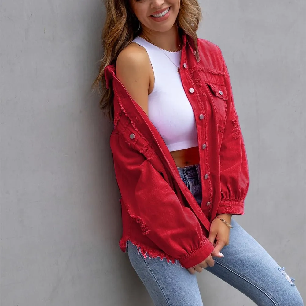 IDOPIP Denim Jacket for Women Distressed Ripped Jean Jackets Long Sleeve Casual Button Down Frayed Trucker Shacket Shirts