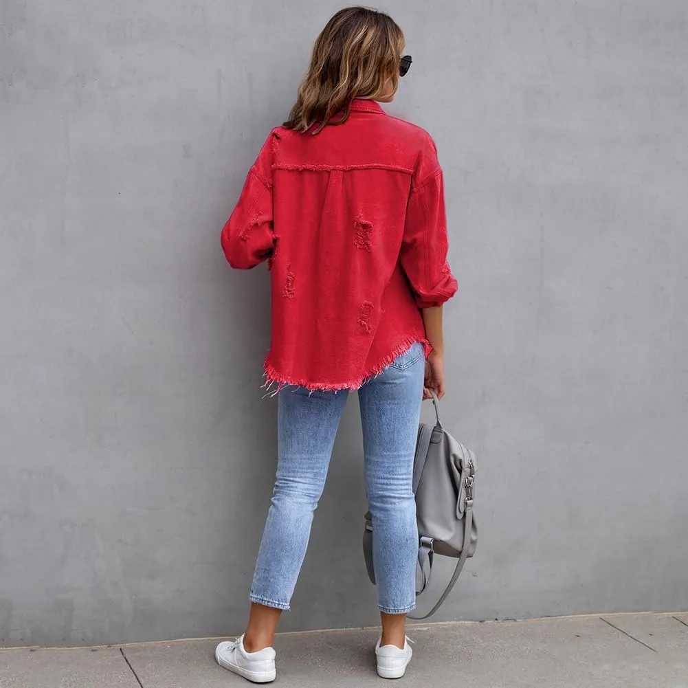 IDOPIP Denim Jacket for Women Distressed Ripped Jean Jackets Long Sleeve Casual Button Down Frayed Trucker Shacket Shirts