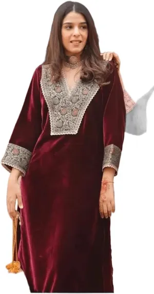 Indian Women Designer Velvet Suit Beautiful Top Tunic Winter Kurti Pant Set.