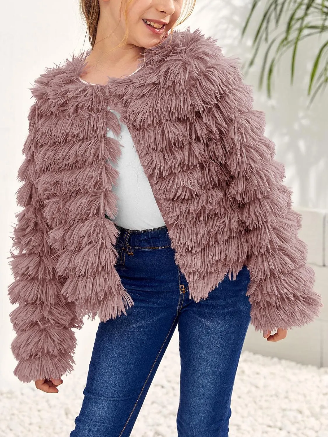 Inorin Girls Open Front Cardigan Faux Fur Coat Warm Fuzzy Trendy Winter Vintage Parka Shaggy Party Outerwear Jackets Tops