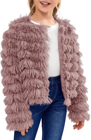 Inorin Girls Open Front Cardigan Faux Fur Coat Warm Fuzzy Trendy Winter Vintage Parka Shaggy Party Outerwear Jackets Tops