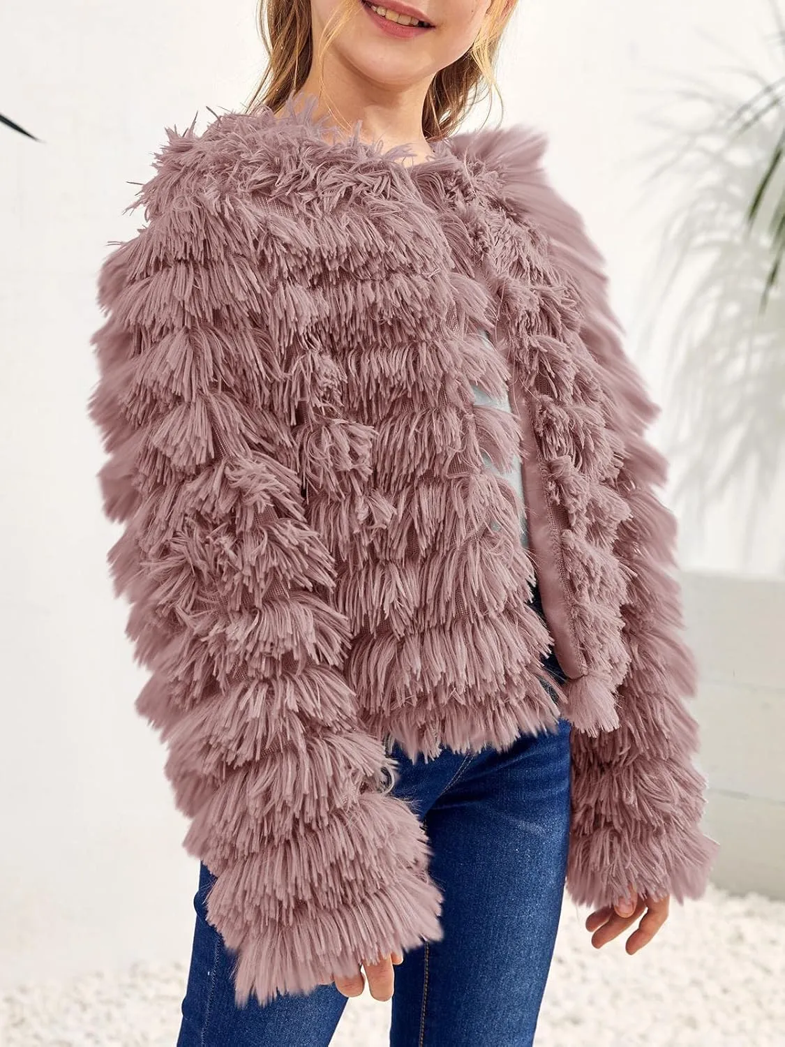 Inorin Girls Open Front Cardigan Faux Fur Coat Warm Fuzzy Trendy Winter Vintage Parka Shaggy Party Outerwear Jackets Tops