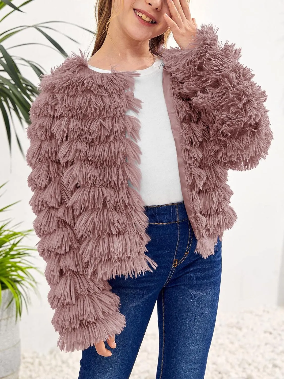 Inorin Girls Open Front Cardigan Faux Fur Coat Warm Fuzzy Trendy Winter Vintage Parka Shaggy Party Outerwear Jackets Tops