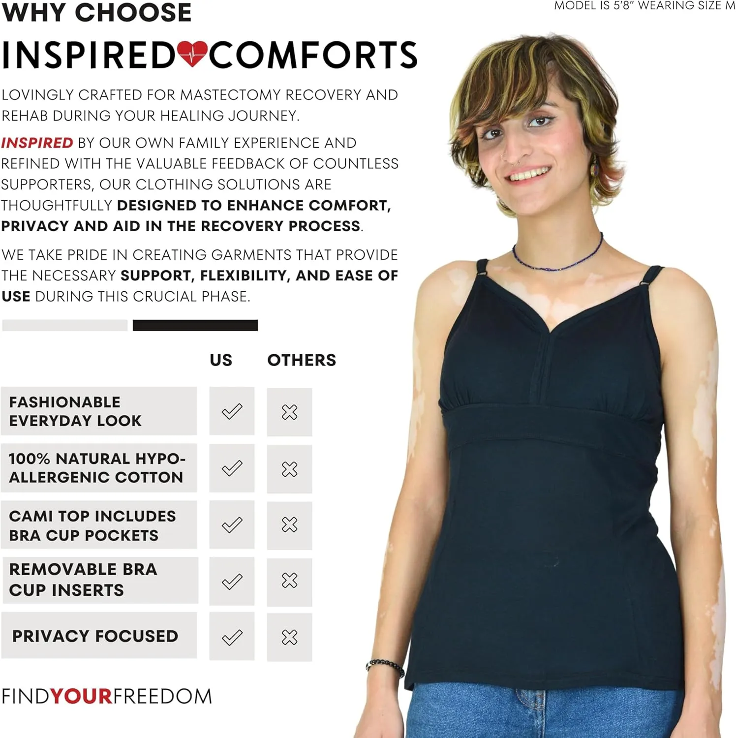Inspired Comforts Women's Mastectomy Camisole Top with Drain Pockets & Removable Bra Cups