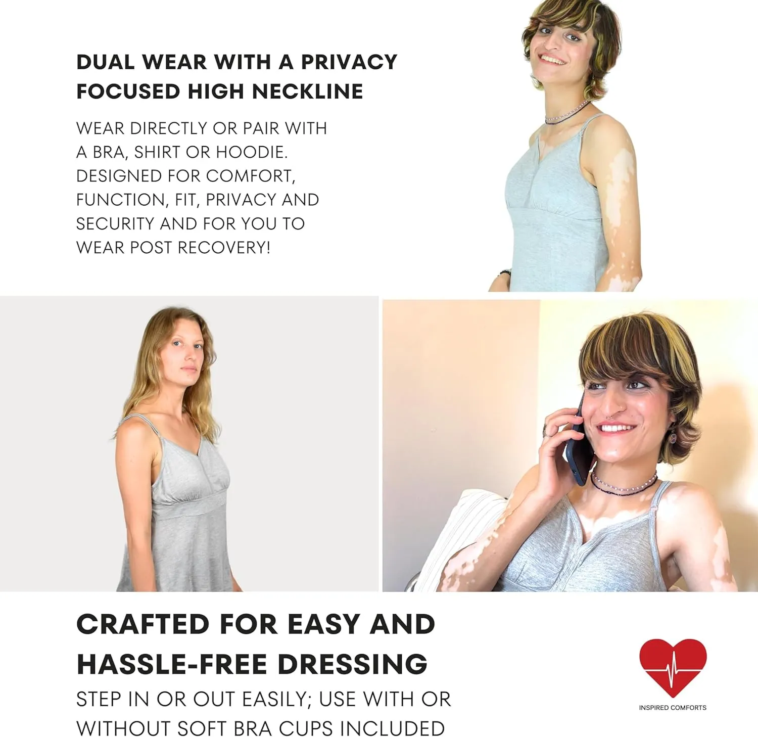 Inspired Comforts Women's Mastectomy Camisole Top with Drain Pockets & Removable Bra Cups