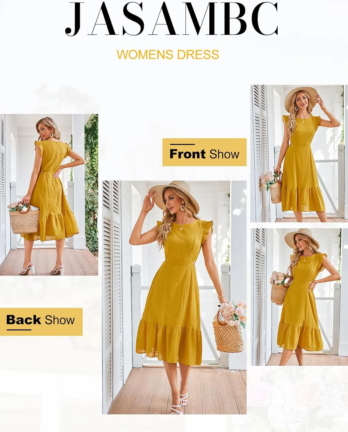 JASAMBAC Women's Summer Casual Tiered Dress Flutter Short Sleeve Dresses Elegant Flowy A Line Cut Out Boho Wedding Midi Dress