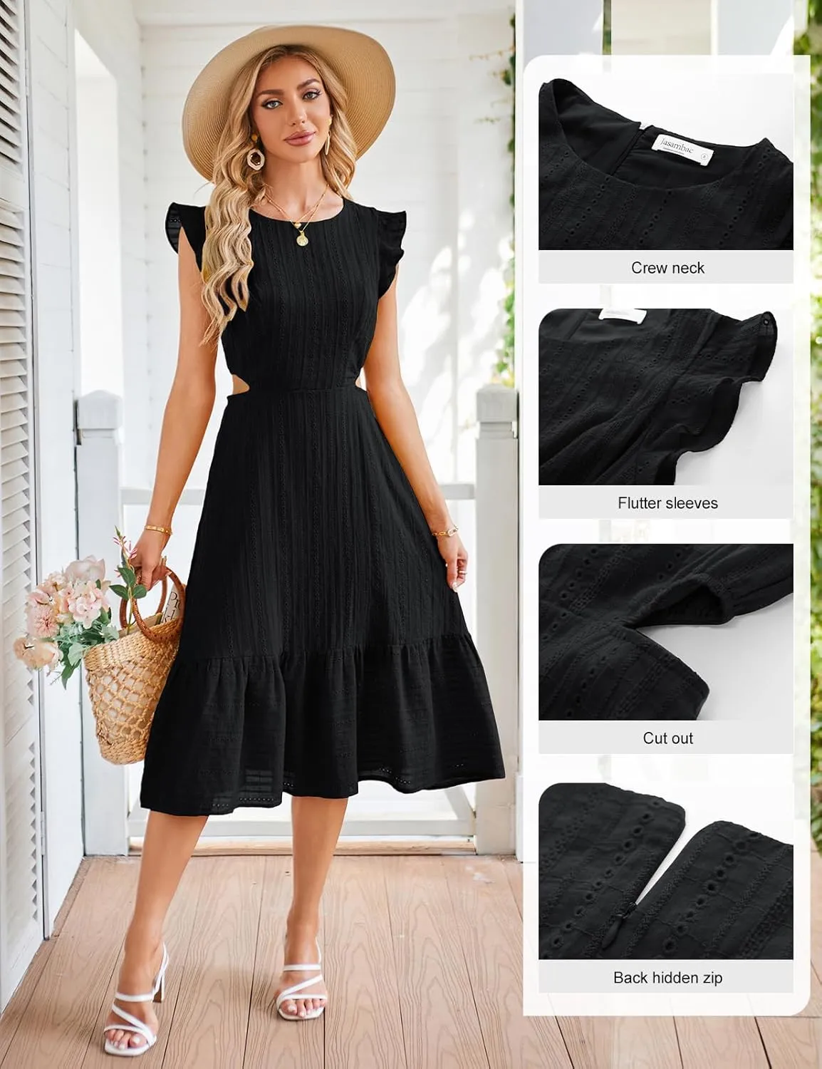 JASAMBAC Women's Summer Casual Tiered Dress Flutter Short Sleeve Dresses Elegant Flowy A Line Cut Out Boho Wedding Midi Dress