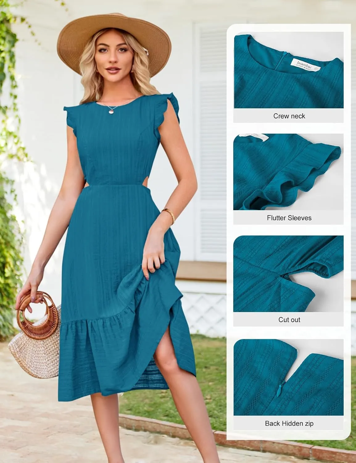 JASAMBAC Women's Summer Casual Tiered Dress Flutter Short Sleeve Dresses Elegant Flowy A Line Cut Out Boho Wedding Midi Dress