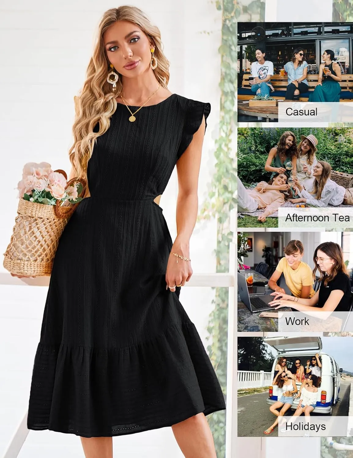 JASAMBAC Women's Summer Casual Tiered Dress Flutter Short Sleeve Dresses Elegant Flowy A Line Cut Out Boho Wedding Midi Dress