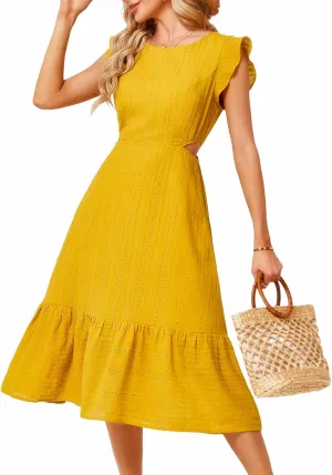 JASAMBAC Women's Summer Casual Tiered Dress Flutter Short Sleeve Dresses Elegant Flowy A Line Cut Out Boho Wedding Midi Dress
