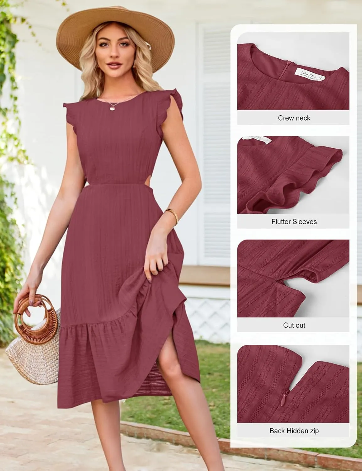 JASAMBAC Women's Summer Casual Tiered Dress Flutter Short Sleeve Dresses Elegant Flowy A Line Cut Out Boho Wedding Midi Dress