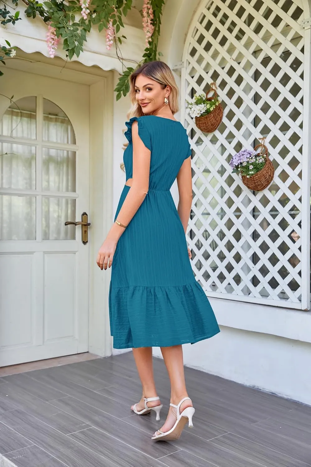 JASAMBAC Women's Summer Casual Tiered Dress Flutter Short Sleeve Dresses Elegant Flowy A Line Cut Out Boho Wedding Midi Dress