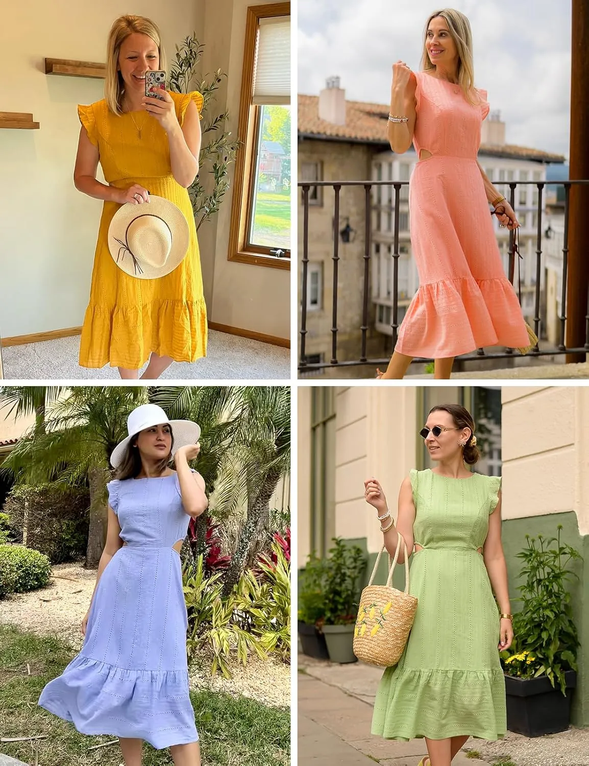 JASAMBAC Women's Summer Casual Tiered Dress Flutter Short Sleeve Dresses Elegant Flowy A Line Cut Out Boho Wedding Midi Dress