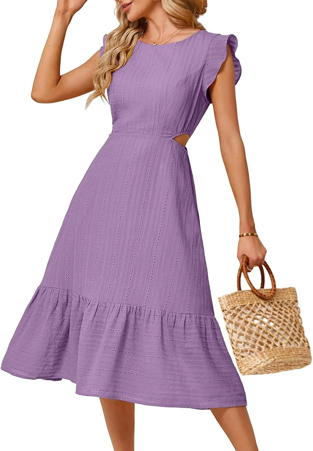 JASAMBAC Women's Summer Casual Tiered Dress Flutter Short Sleeve Dresses Elegant Flowy A Line Cut Out Boho Wedding Midi Dress