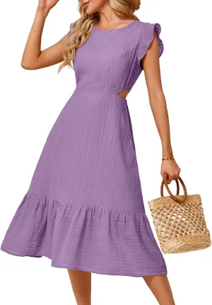 JASAMBAC Women's Summer Casual Tiered Dress Flutter Short Sleeve Dresses Elegant Flowy A Line Cut Out Boho Wedding Midi Dress