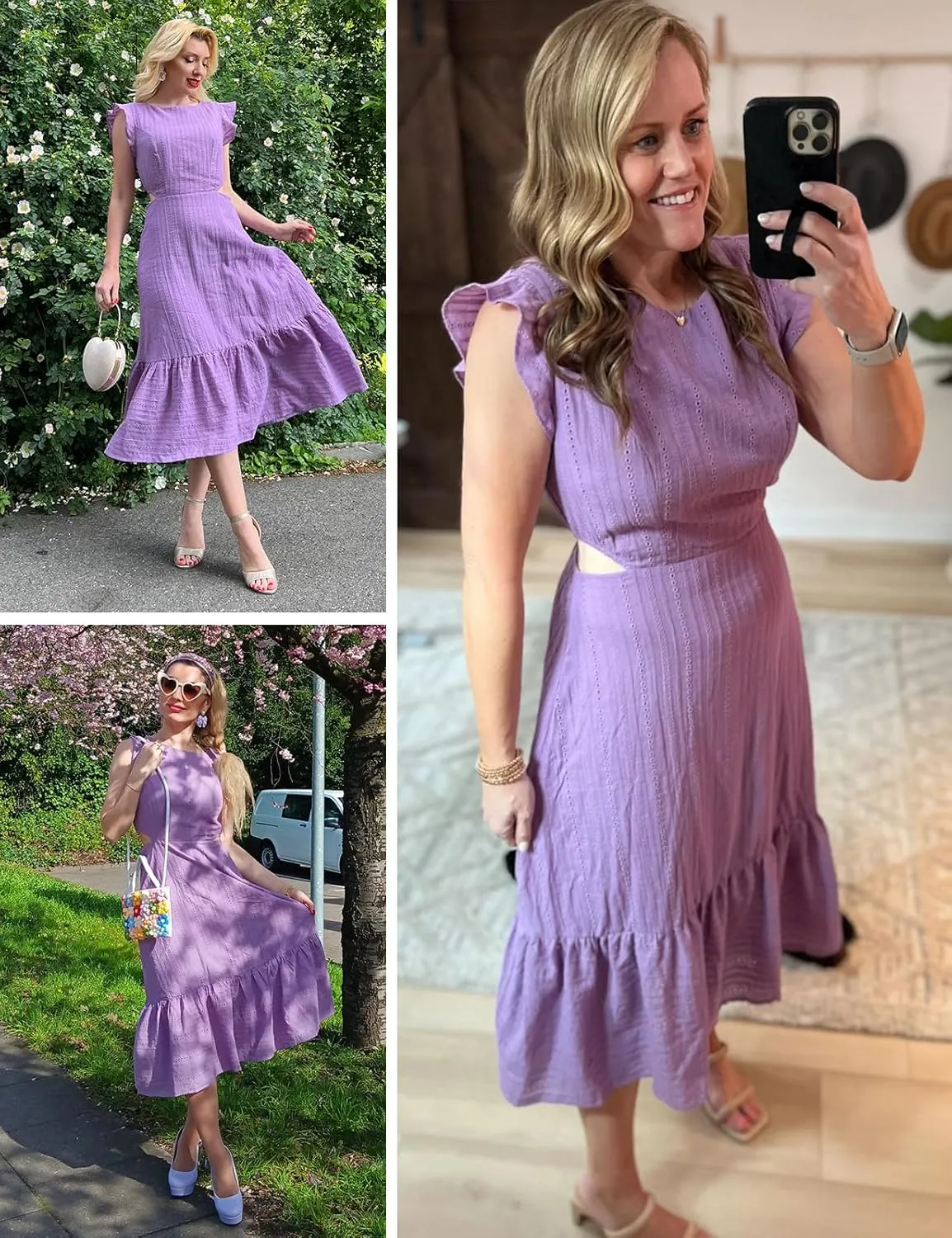 JASAMBAC Women's Summer Casual Tiered Dress Flutter Short Sleeve Dresses Elegant Flowy A Line Cut Out Boho Wedding Midi Dress