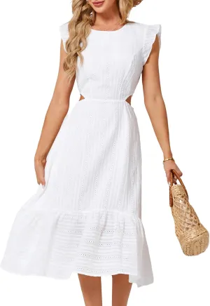 JASAMBAC Women's Summer Casual Tiered Dress Flutter Short Sleeve Dresses Elegant Flowy A Line Cut Out Boho Wedding Midi Dress