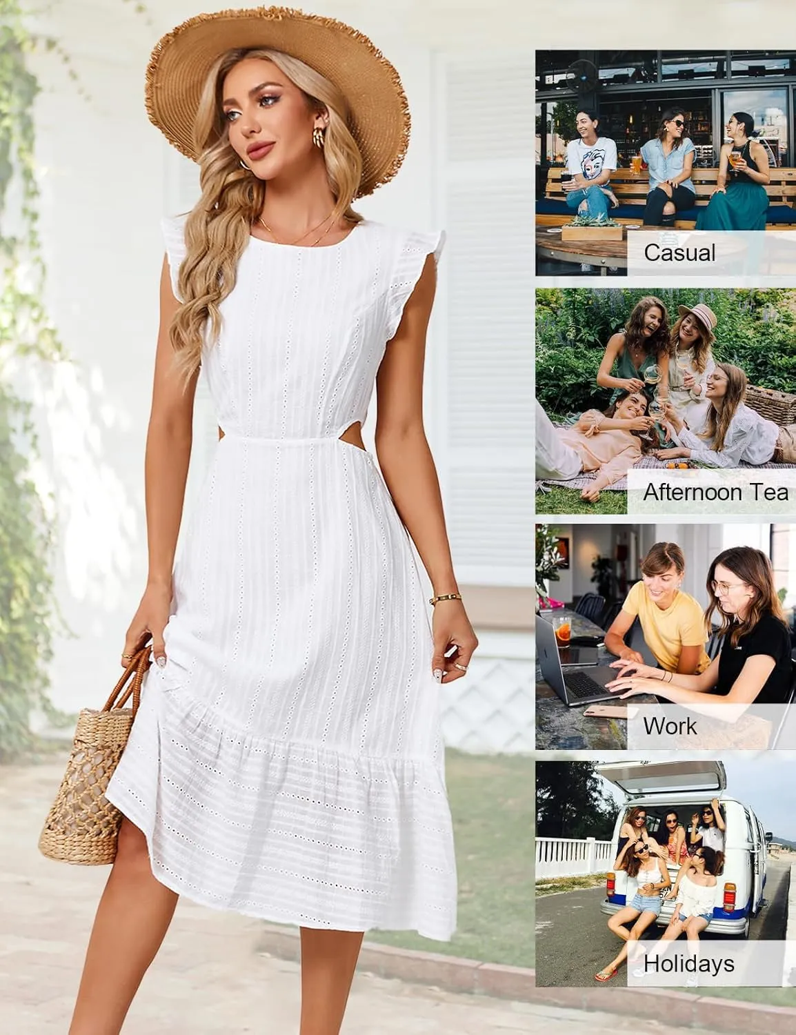 JASAMBAC Women's Summer Casual Tiered Dress Flutter Short Sleeve Dresses Elegant Flowy A Line Cut Out Boho Wedding Midi Dress