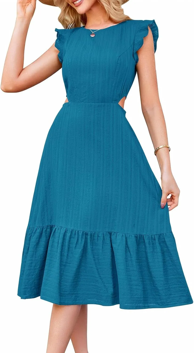 JASAMBAC Women's Summer Casual Tiered Dress Flutter Short Sleeve Dresses Elegant Flowy A Line Cut Out Boho Wedding Midi Dress