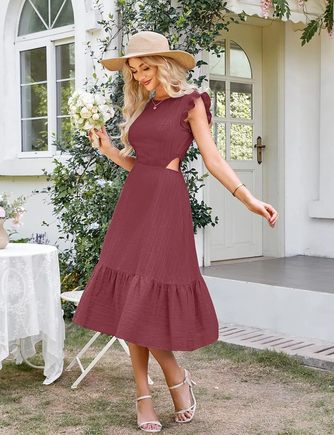 JASAMBAC Women's Summer Casual Tiered Dress Flutter Short Sleeve Dresses Elegant Flowy A Line Cut Out Boho Wedding Midi Dress