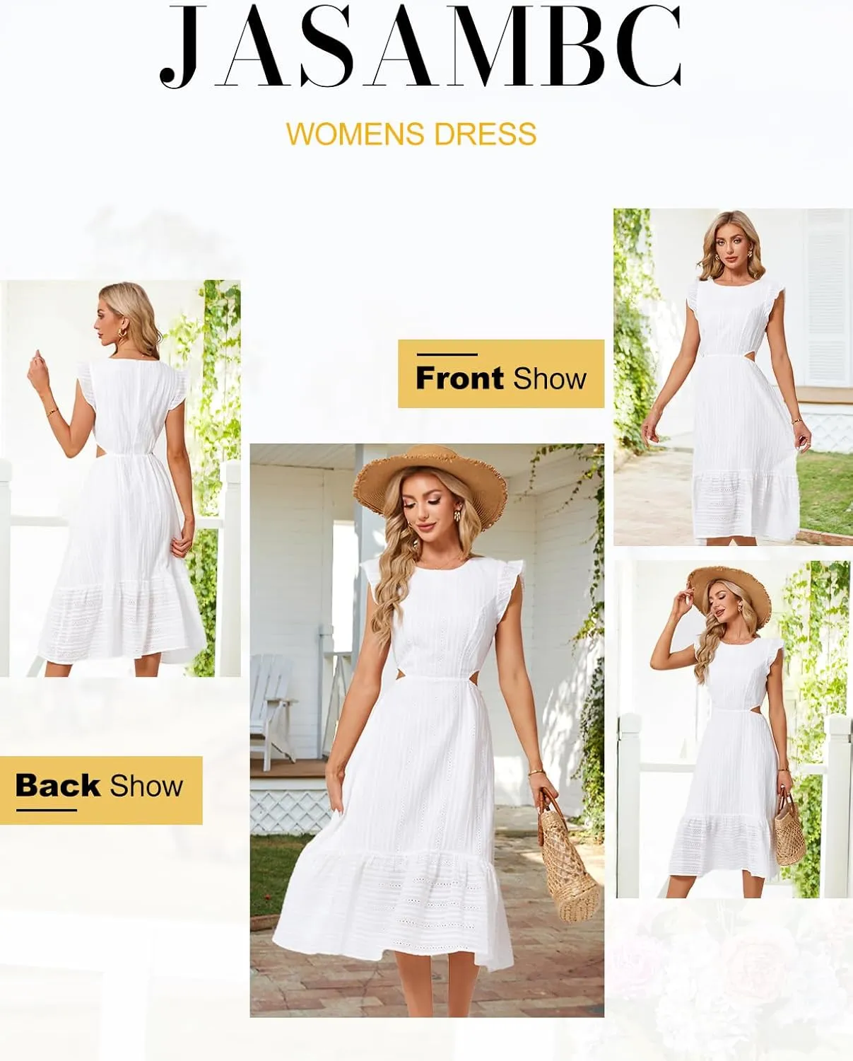 JASAMBAC Women's Summer Casual Tiered Dress Flutter Short Sleeve Dresses Elegant Flowy A Line Cut Out Boho Wedding Midi Dress