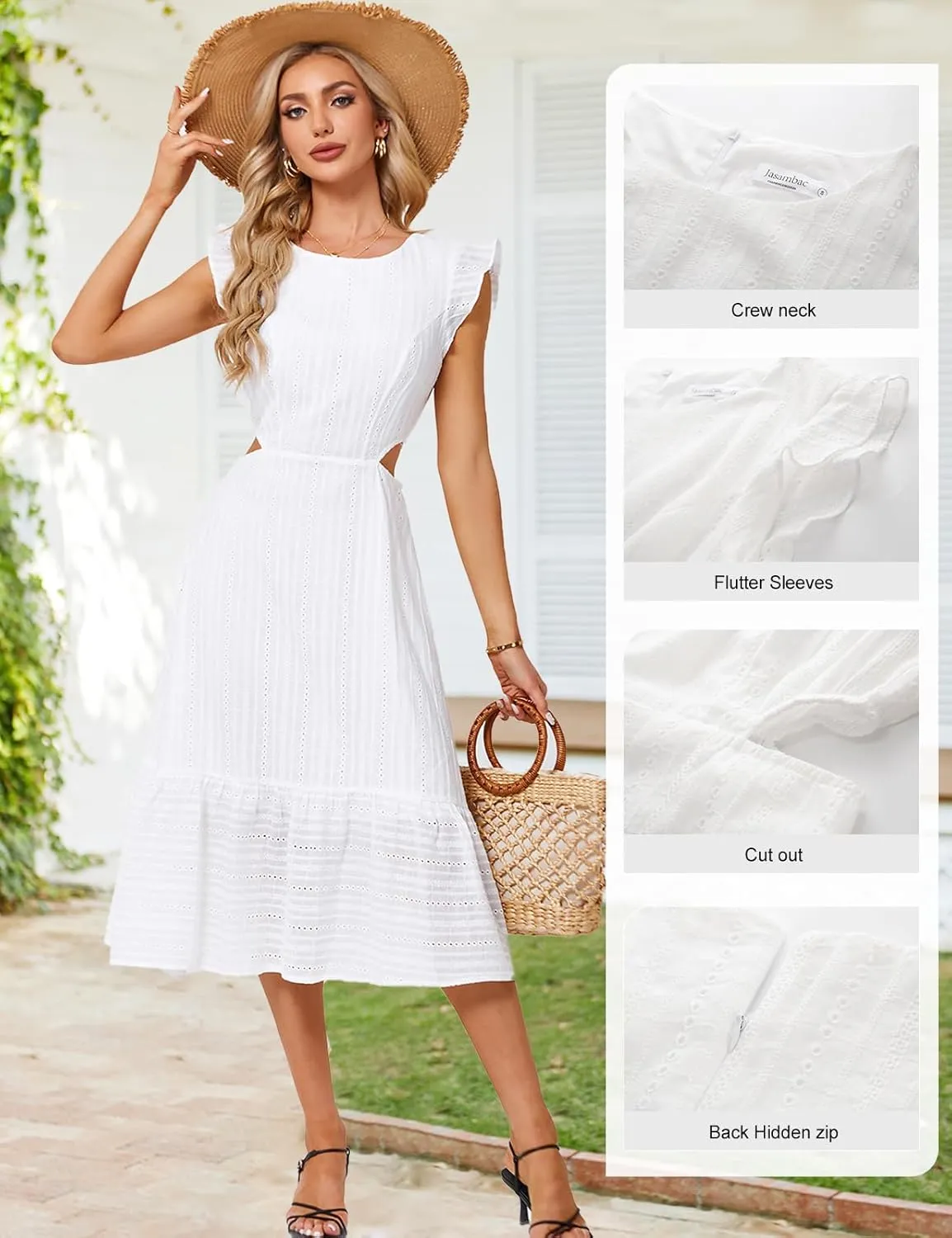 JASAMBAC Women's Summer Casual Tiered Dress Flutter Short Sleeve Dresses Elegant Flowy A Line Cut Out Boho Wedding Midi Dress