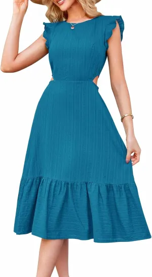 JASAMBAC Women's Summer Casual Tiered Dress Flutter Short Sleeve Dresses Elegant Flowy A Line Cut Out Boho Wedding Midi Dress