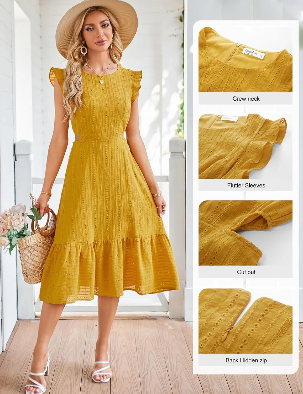 JASAMBAC Women's Summer Casual Tiered Dress Flutter Short Sleeve Dresses Elegant Flowy A Line Cut Out Boho Wedding Midi Dress