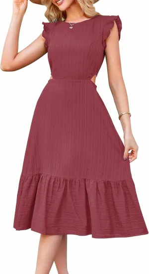 JASAMBAC Women's Summer Casual Tiered Dress Flutter Short Sleeve Dresses Elegant Flowy A Line Cut Out Boho Wedding Midi Dress