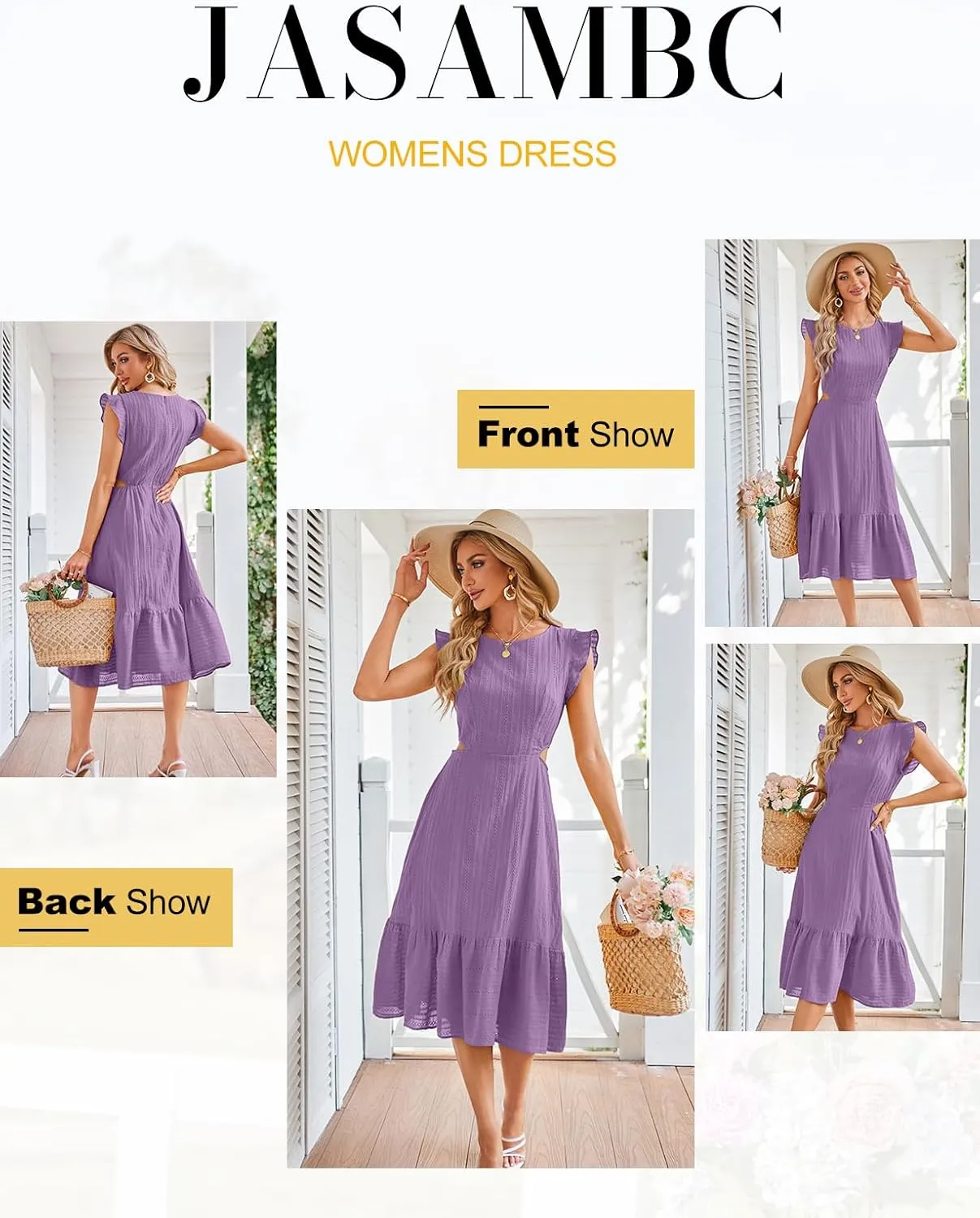 JASAMBAC Women's Summer Casual Tiered Dress Flutter Short Sleeve Dresses Elegant Flowy A Line Cut Out Boho Wedding Midi Dress