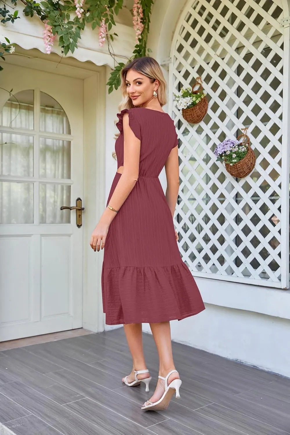 JASAMBAC Women's Summer Casual Tiered Dress Flutter Short Sleeve Dresses Elegant Flowy A Line Cut Out Boho Wedding Midi Dress